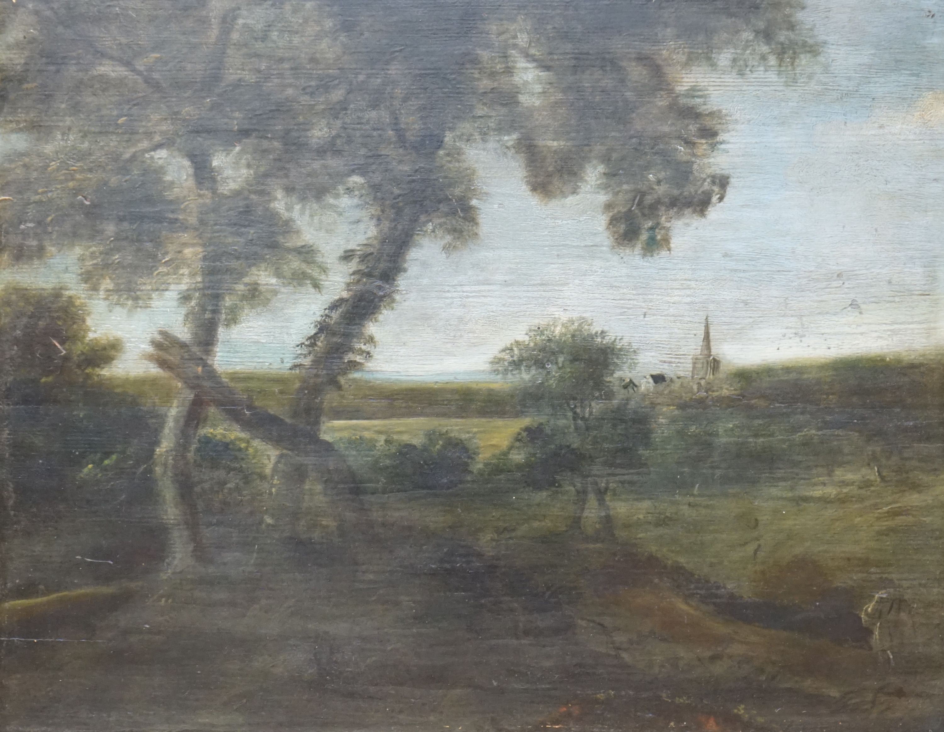 19th century English School, oil on wooden panel, Traveller and church in a landscape, 40 x 50cm